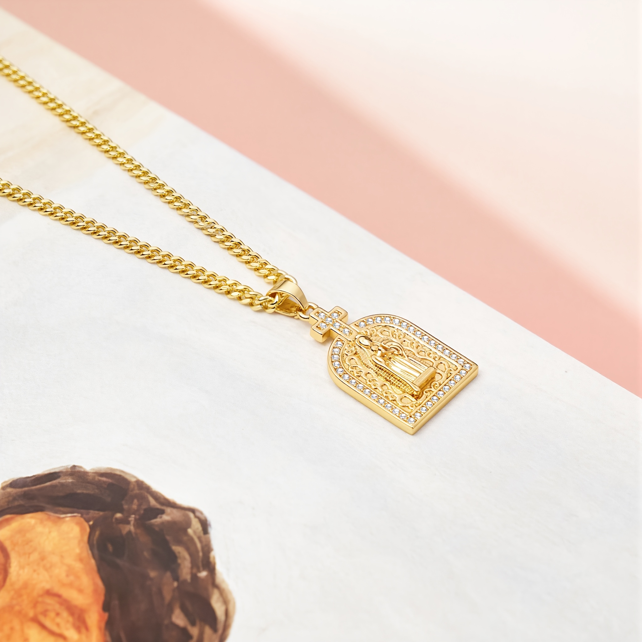 18K Gold Plated Virgin Cross Necklace with Zircon